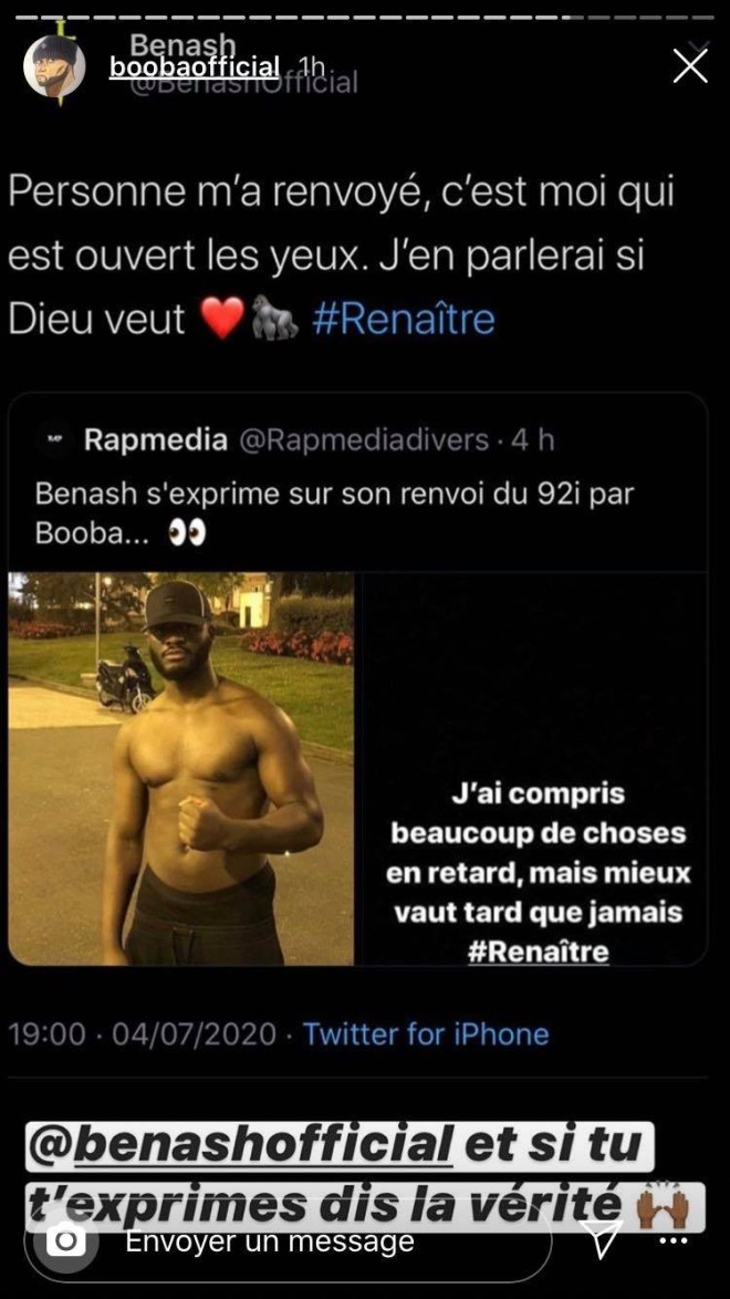 Benash quitte le label 92i et demande son argent, Booba lui répond