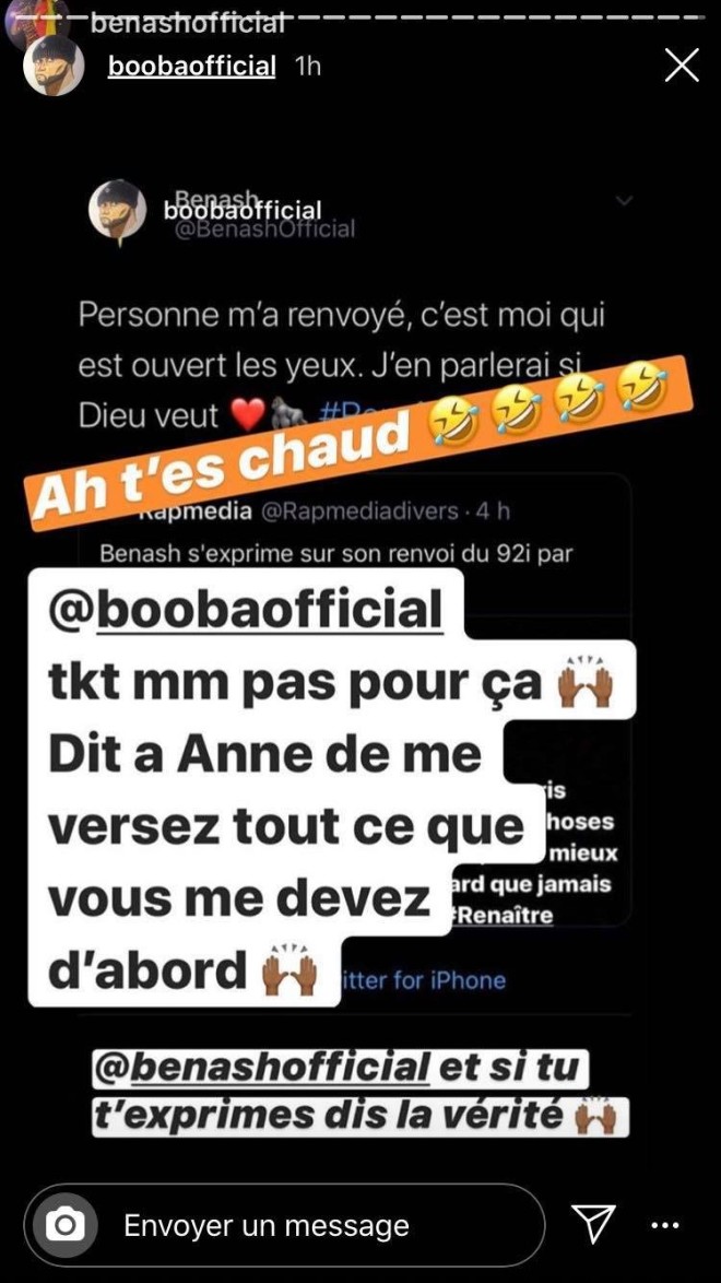 Benash quitte le label 92i et demande son argent, Booba lui répond