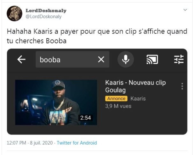 Le clip ''Goulag'' de Kaaris s'affiche quand tu cherches le nom de Booba sur Youtube