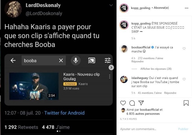 Booba se moque de Kaaris d'avoir payé pour mettre son clip dans les recherches Youtube de ''Booba''