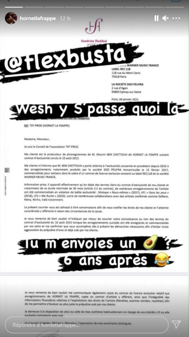 Hornet la frappe attaqué en justice par Busta Flex, il réagit