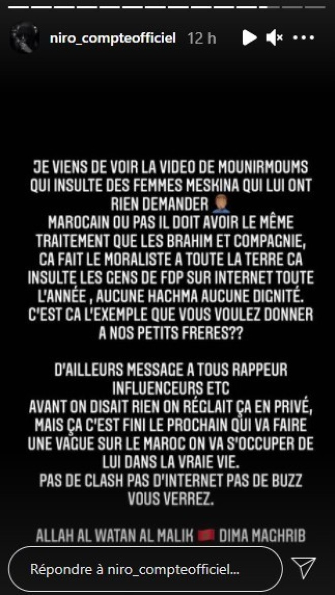 Niro avertit et menace les rappeurs qui s'en prendront au Maroc à l'avenir