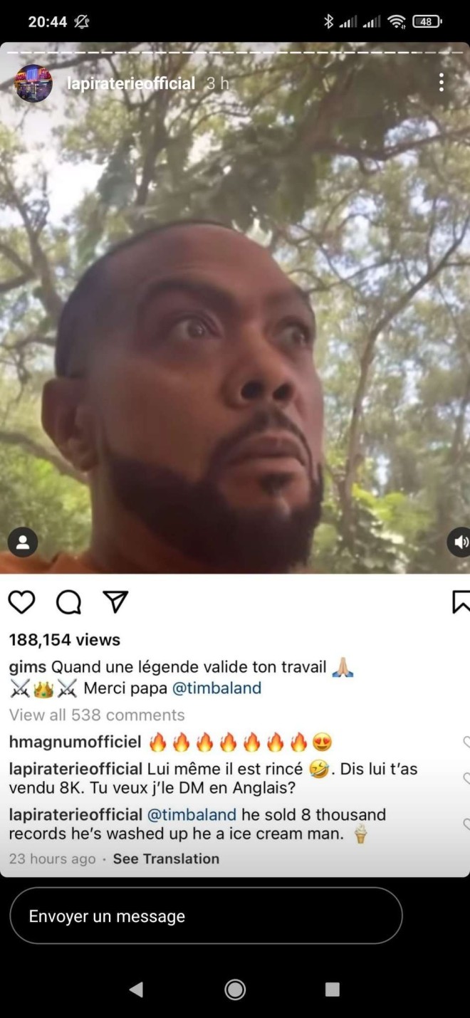 Timbaland valide Gims, Booba se moque d'eux :''Lui même il est rincé, dis lui t'as vendu 8k''