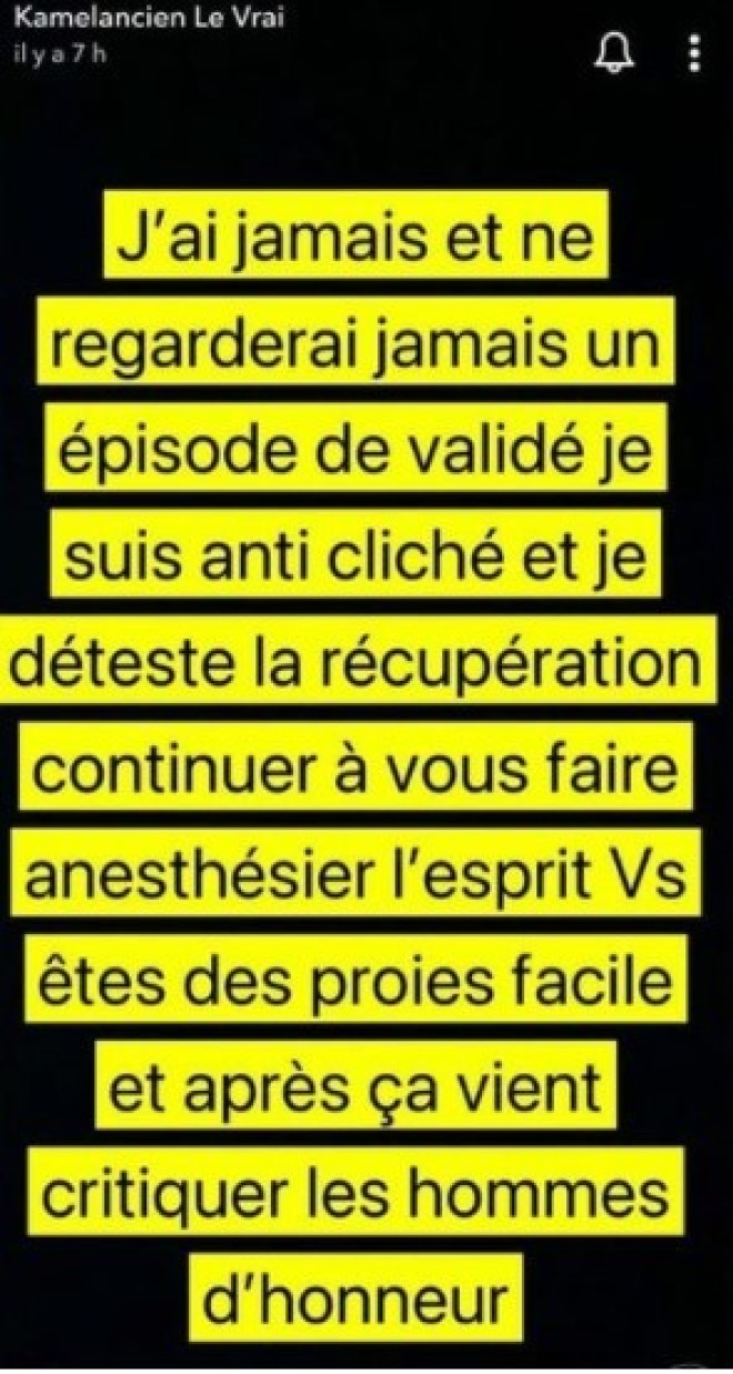 Kamelancien tacle sèchement ''Validé'' :''Je suis anti clichés''