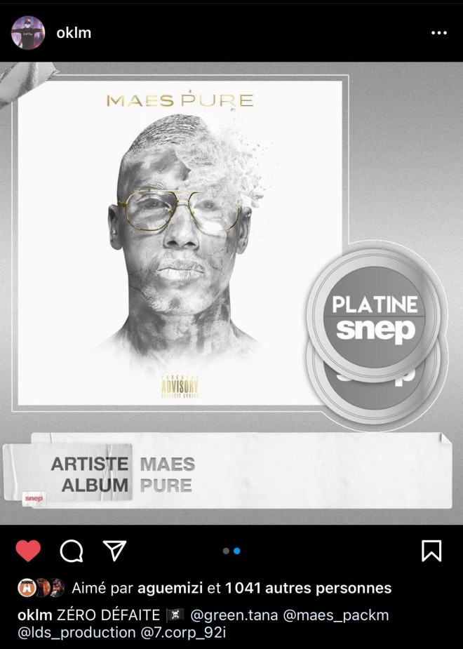 Booba félicite Maes pour la certification de son album ''Pure''
