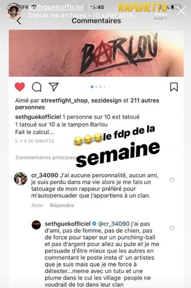 Seth Gueko répond violemment à un internaute qui critique le tatouage « Barlou » !