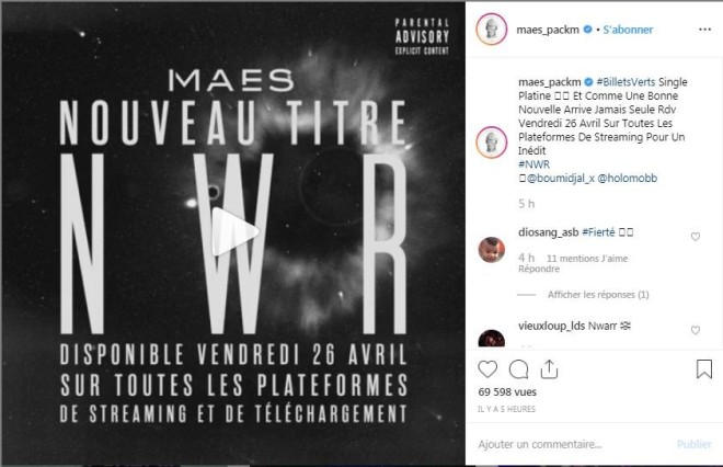 Maes est certifié single de platine avec ''Billets verts''